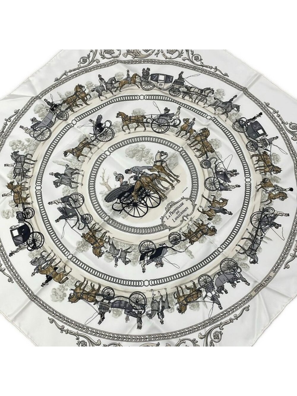 Hermes Scarf Carre 90 Ivory Beige Multi la Promenade